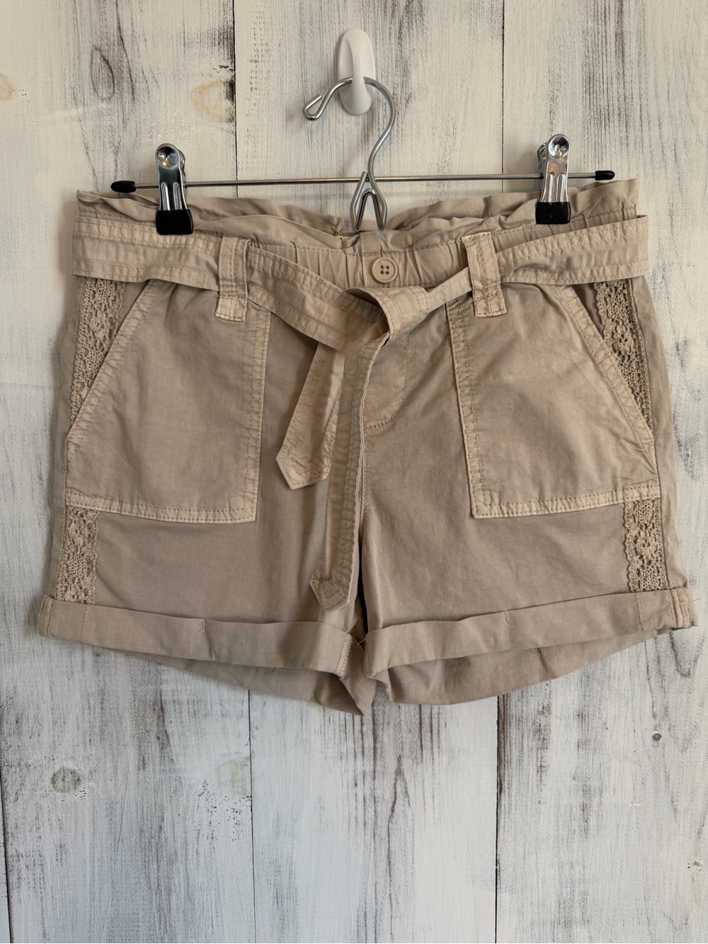 Girls' Beige Paperbag Waist Shorts with Lace Trim